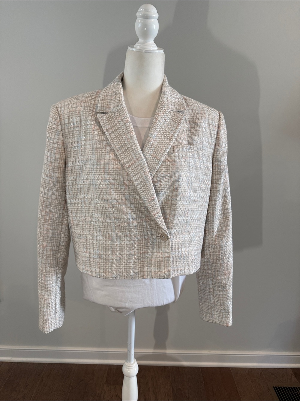 Calvin Klein Cropped Tweed Blazer in Cream and Pastel Check